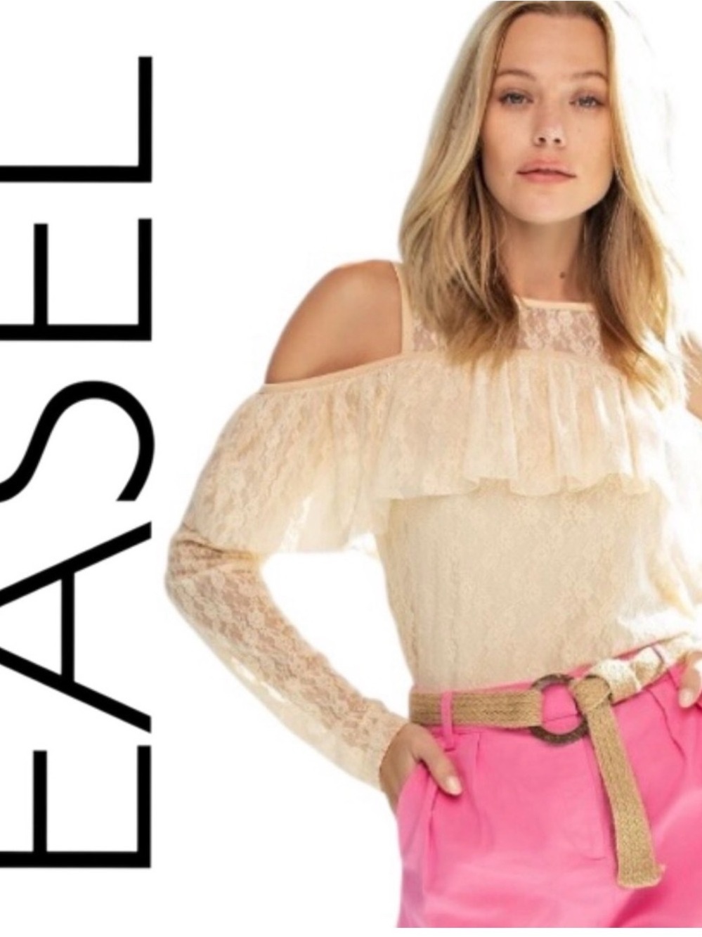 NWT Easel Cream Lace Cold-Shoulder Ruffle Blouse